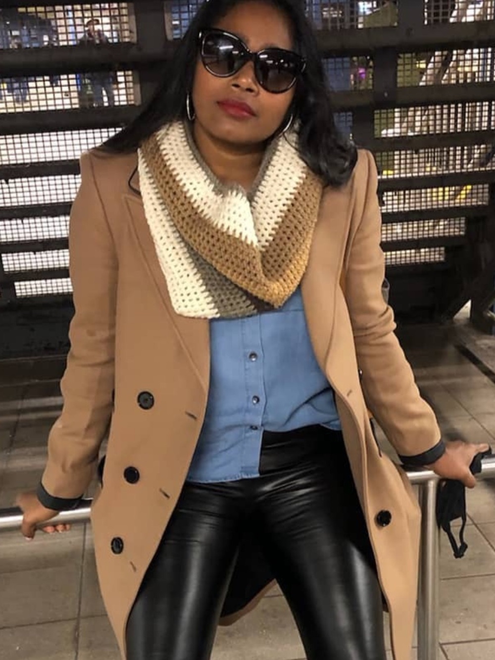 Burberry Camel Knee Length Double Breasted Coat with Black Leather Trim